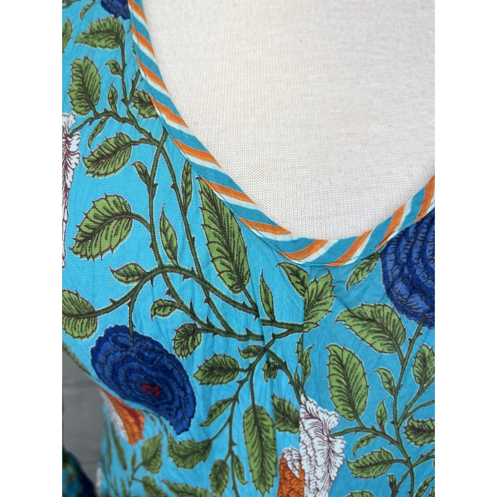 Passementrie Santa Fe Boho Maxi Dress Block Print Cotton Flare Sleeve Turquoise — image 5 of 8